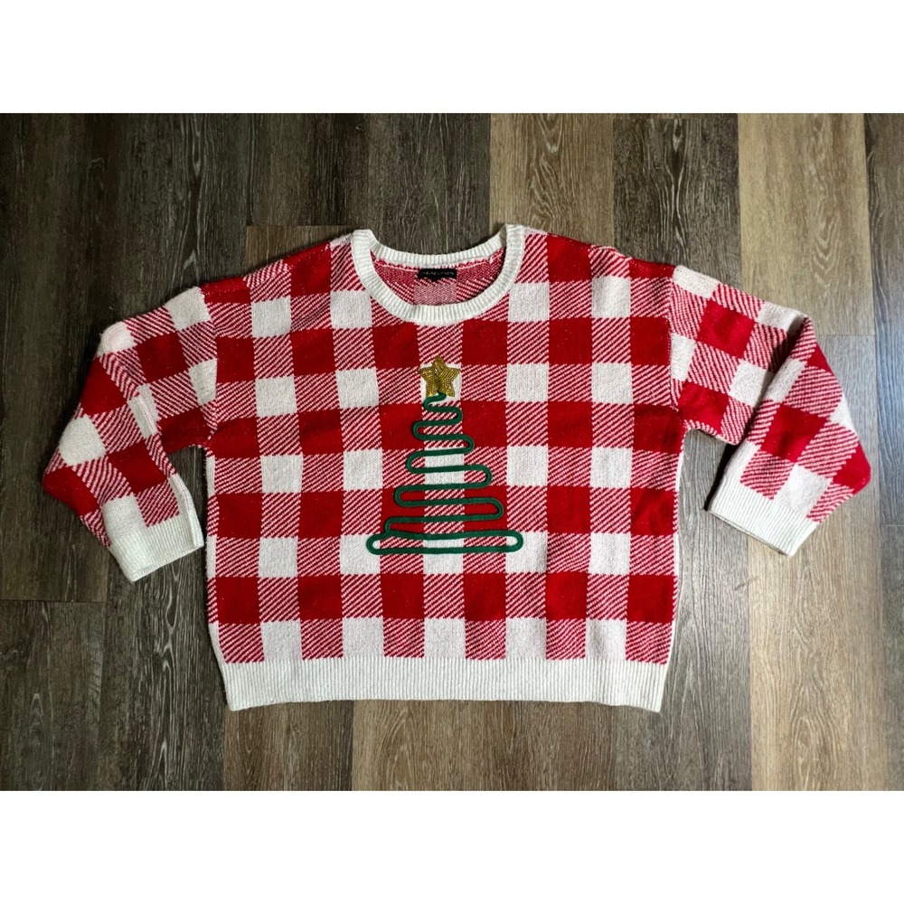 Red and White Buffalo Check Holiday Sweater with Green Tree Accent